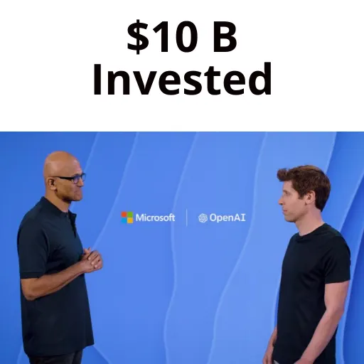 Two people speaking in front of a Microsoft and OpenAI logo
